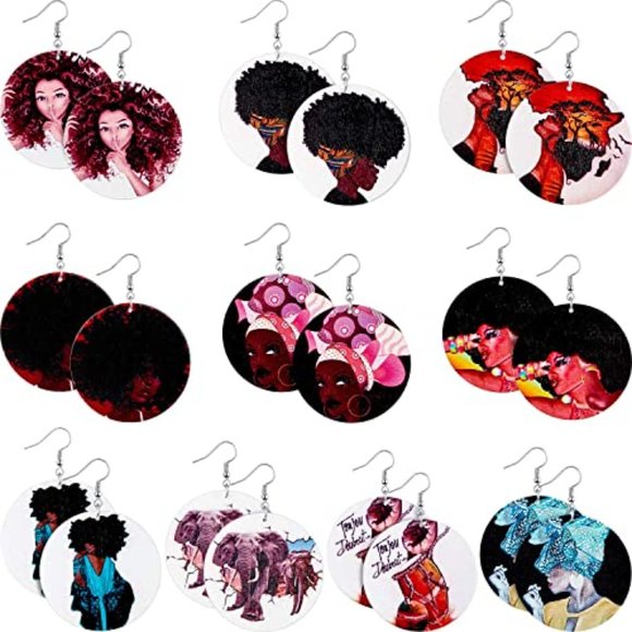 12 pairs Assorted Round African Queens Light Weight Wooden Painted Earrings - Picture 2 of 3